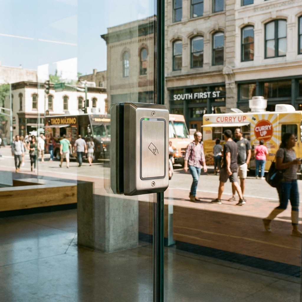 Commercial access control reader on glass office door