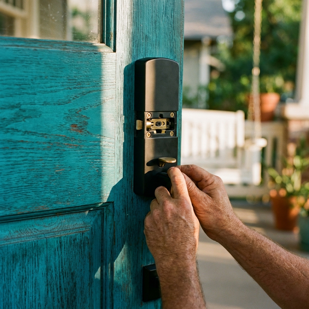 Professional locksmith installing smart lock on bungalow door