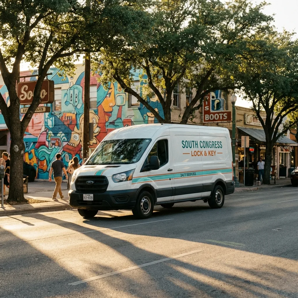 South Austin Locksmith service van on South Congress Avenue